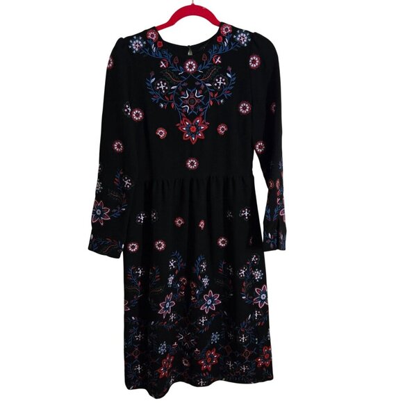 Zara Woman Floral Embroidered Runway Fav Long Sleeve Black Midi Dress Size M - Picture 2 of 14